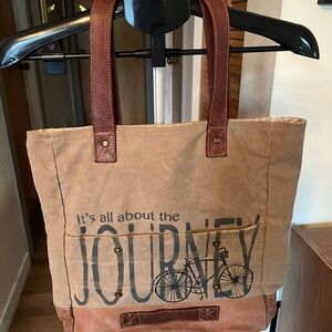 Mona B Brown Canvas Tote Bag with Bicycle Print and leather handles